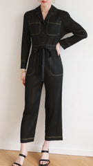 Pleated Denim Jumpsuit – Casual Korean Style with Lace-Up Waist & Tunic Design