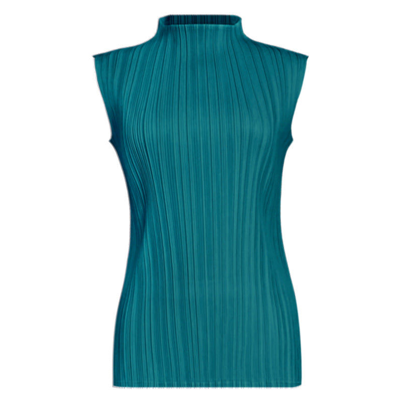 Pleats Summer Slim Sleeveless High-Neck Pleated Vest – Elegant Basic Top