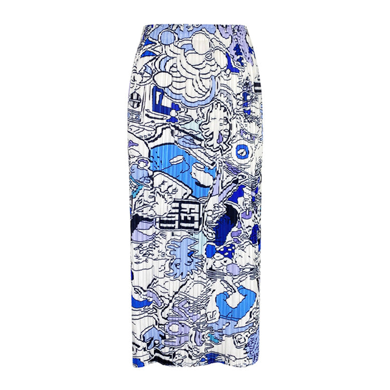 Pleated Graffiti Print A-Line Skirt – Slim Long Women’s Style