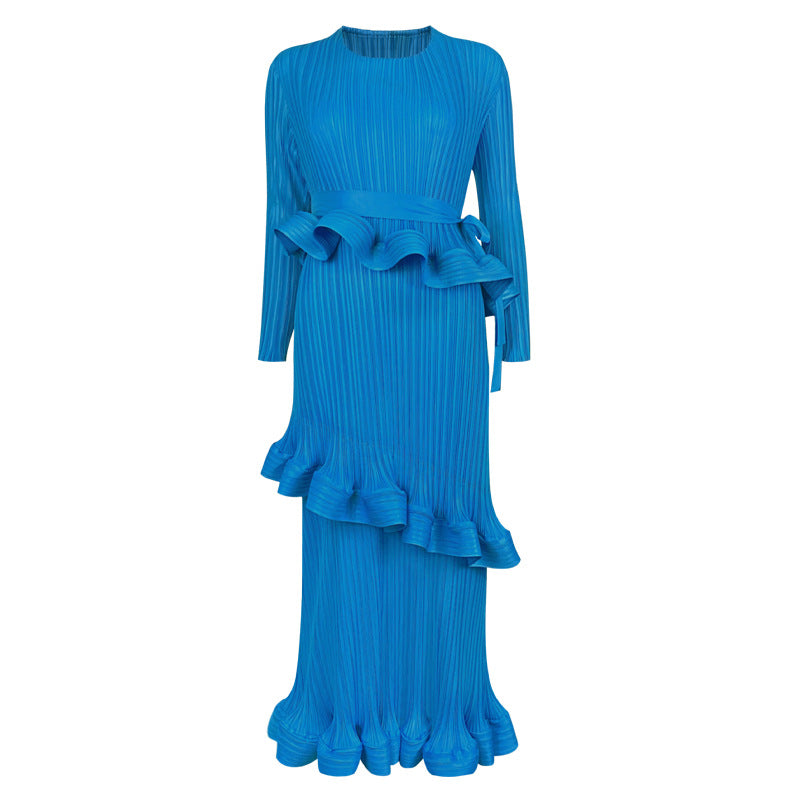 Pleated Ruffled Lace-Up Midi Dress – Slim Long Sleeve Women’s Style