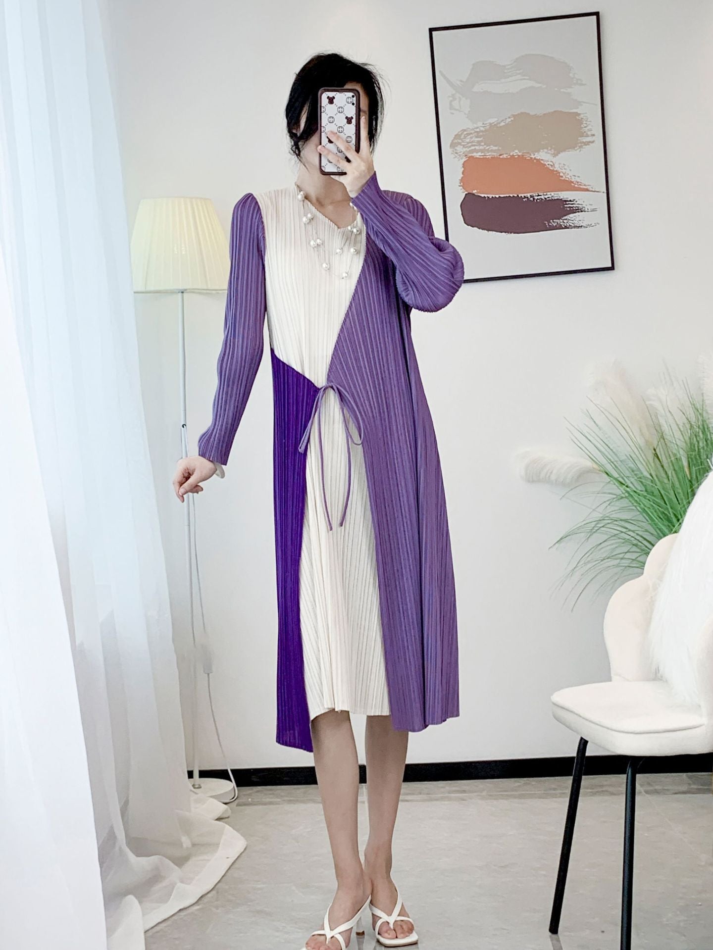 Women’s Spring Pleated Midi Dress – French Splicing Design, Feminine Slim Fit Style