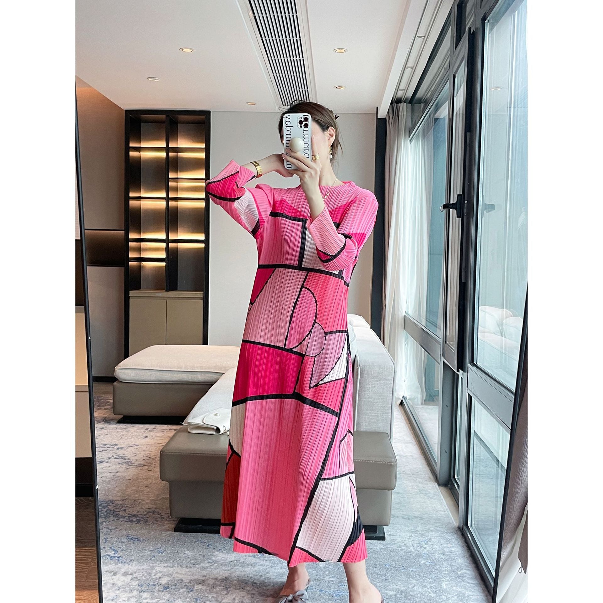 Women’s Spring Pleated Maxi Dress – Geometric Print Slim Fit Elegant Style