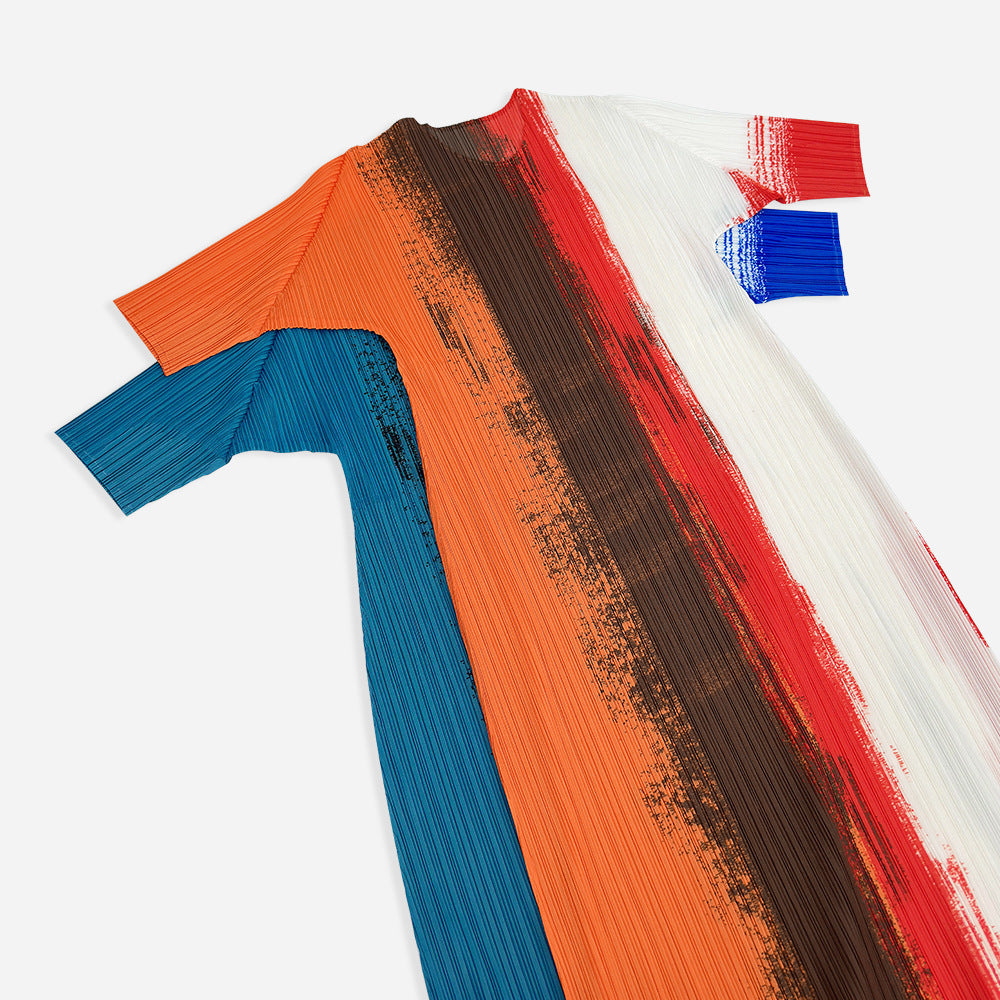 Pleats Color-Block Printed Maxi Dress – Casual Short-Sleeve Slim Fit for Women