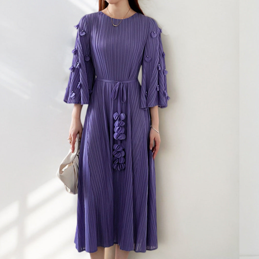 Pleats Please Lace-Up Mid-Length Dress – Plus-Size Friendly Pleated Slimming Style