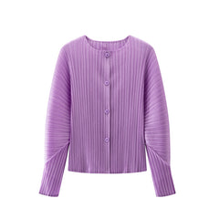 Women’s Spring Pleated Cardigan – Solid Color Round Neck Short Jacket