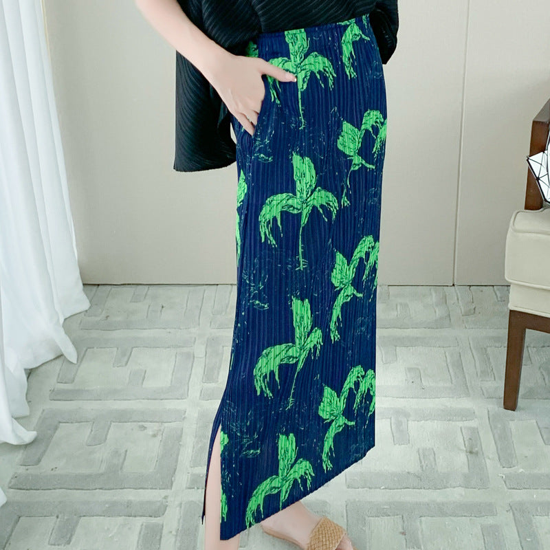 Miyake skirt, fashion printed pleated pleated skirt, high waist slimming A-line long skirt, 2024 summer new women