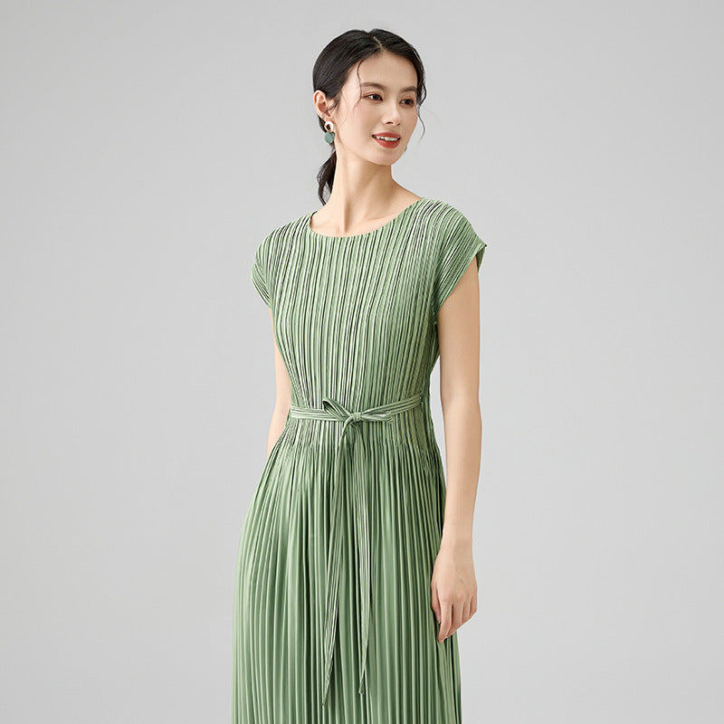 2025 Spring Summer Luxury Maxi Dress – Sleeveless Crew Neck, Lace-Up Waist, Elegant Loose Fit