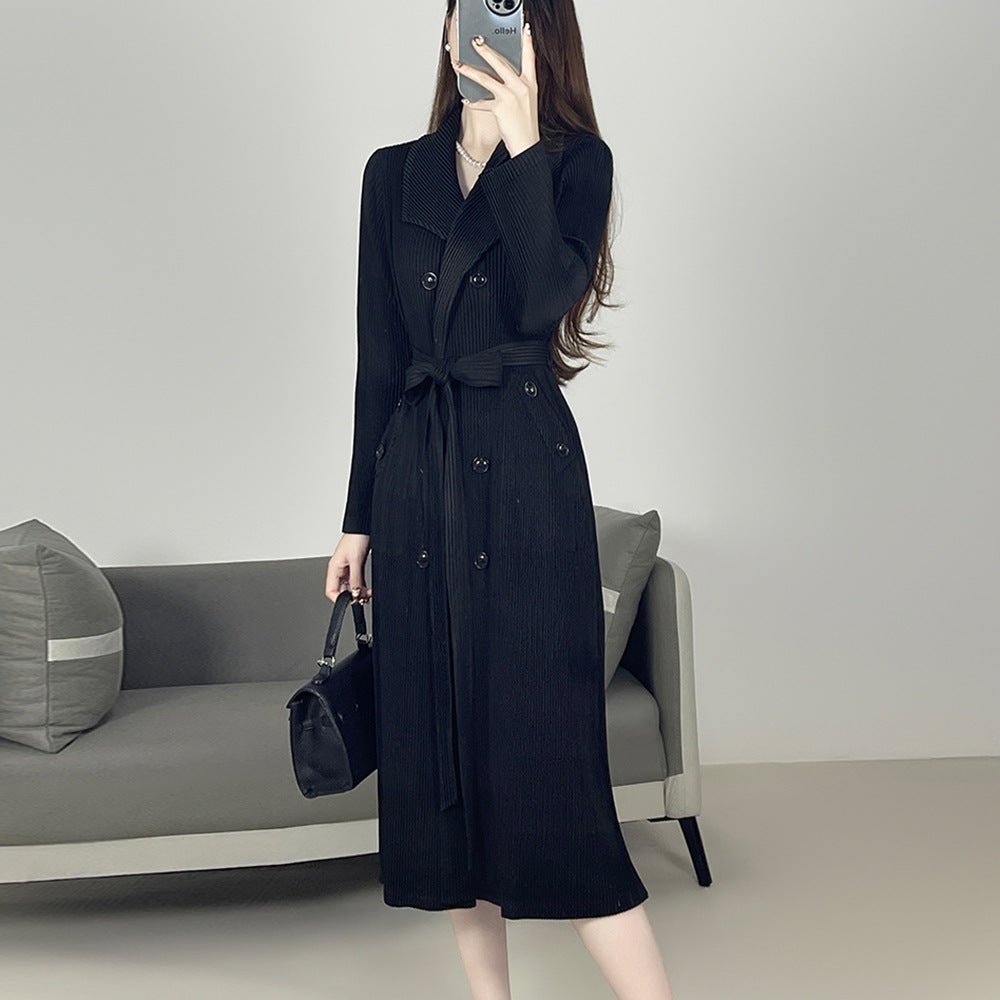 2025 Fall Winter Pleated Trench Coat – Lapel Mid-Length Coat with Adjustable Tie Waist for Women