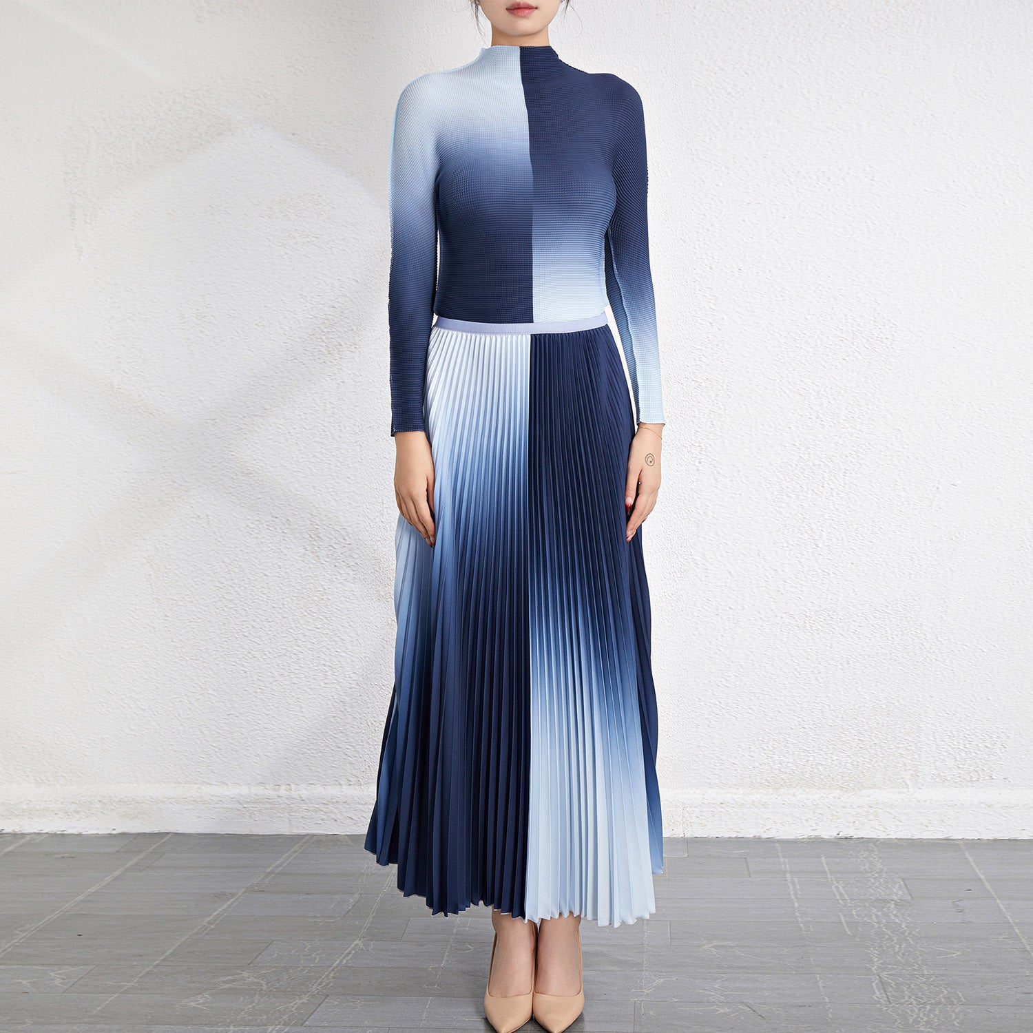Pleated Top and Slim Skirt Two-Piece Set
