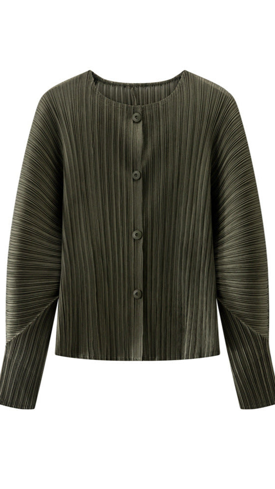 Women’s Spring Pleated Cardigan – Solid Color Round Neck Short Jacket