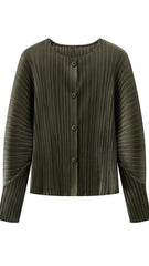 Women’s Spring Pleated Cardigan – Solid Color Round Neck Short Jacket