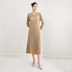 Pleated Metallic V-Neck Maxi Dress – Long Sleeve A-Line Elegance