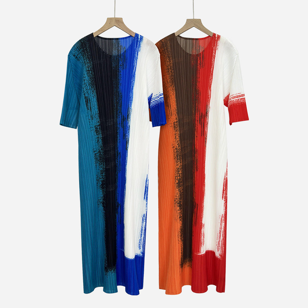 Pleats Color-Block Printed Maxi Dress – Casual Short-Sleeve Slim Fit for Women