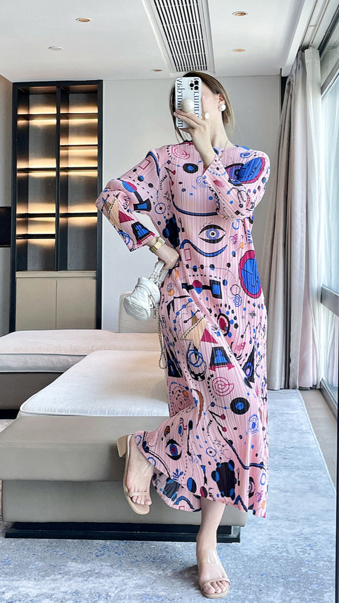 Women’s Autumn Pleated Maxi Dress – Printed Long-Sleeve Elegant Slim Fit Style