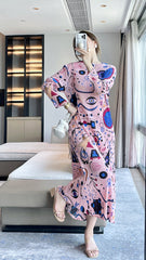 Women’s Autumn Pleated Maxi Dress – Printed Long-Sleeve Elegant Slim Fit Style