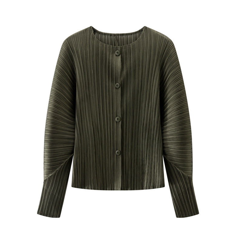 Women’s Spring Pleated Cardigan – Solid Color Round Neck Short Jacket