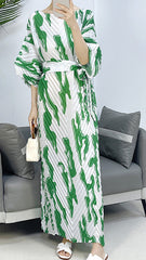2025 Fall Winter Pleated Printed Maxi Dress – V-Fold Design, Elegant Casual Style for Women