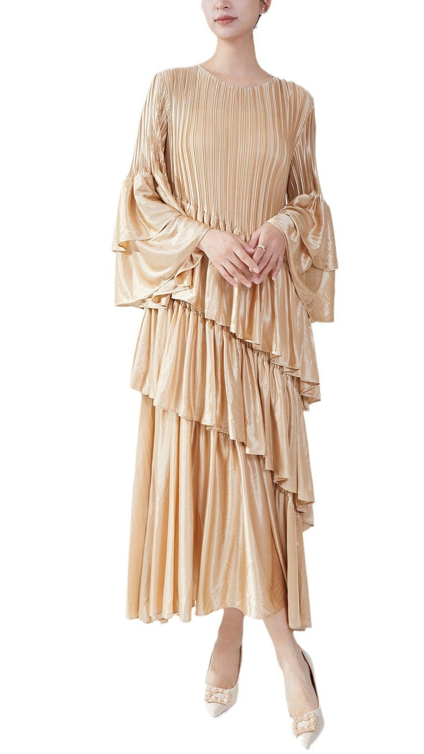 Pleats Please Flared Sleeve Cake Dress – Elegant Layered Pleated Midi for Spring & Summer