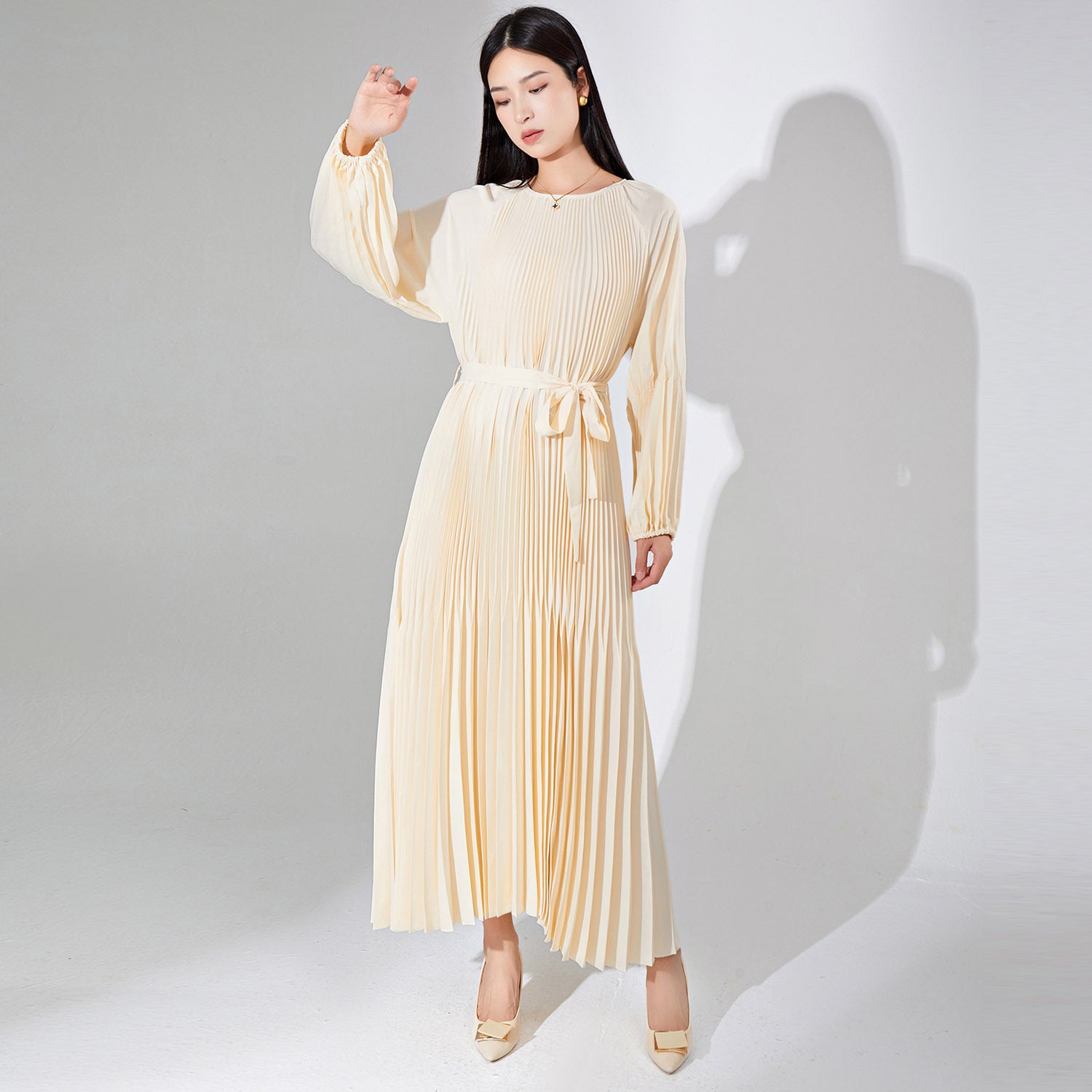 Pleats Please Solid Color Maxi Dress – Lace-Up Waist Elegant Pleated Long Dress