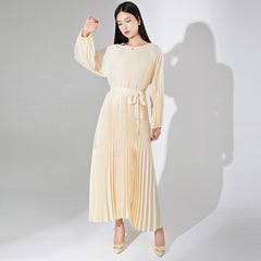 Pleats Please Solid Color Maxi Dress – Lace-Up Waist Elegant Pleated Long Dress