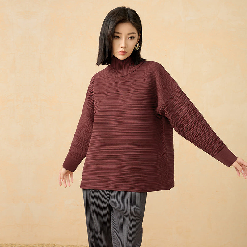 2025 Fall Winter High Neck Pleated Sweater – Retro Loose Fit, Cozy Thick Knit Pullover for Women