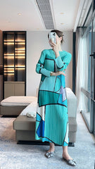 Women’s Spring Pleated Maxi Dress – Geometric Print Slim Fit Elegant Style