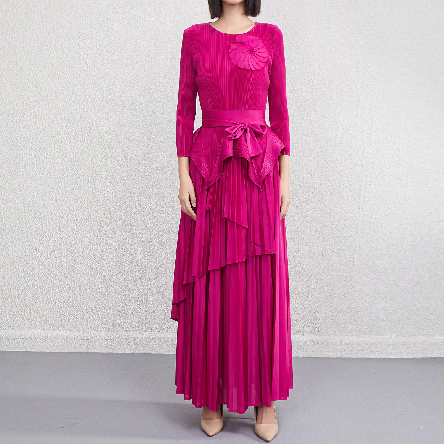 Pleats Please Two-Piece Set – Lace-Up Pleated Top & Irregular Swing Skirt