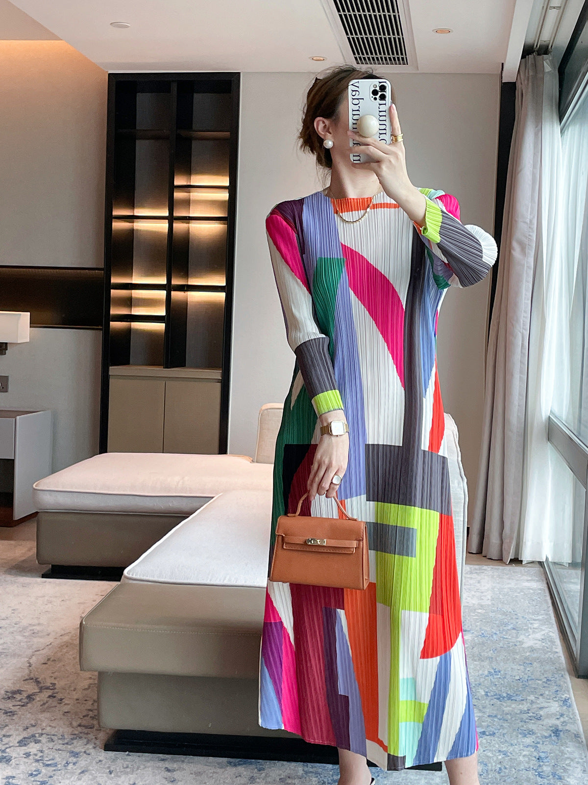 2025 Fall Winter Pleated Geometric Print Dress – Slim Fit, Crew Neck Elegant Maxi Style