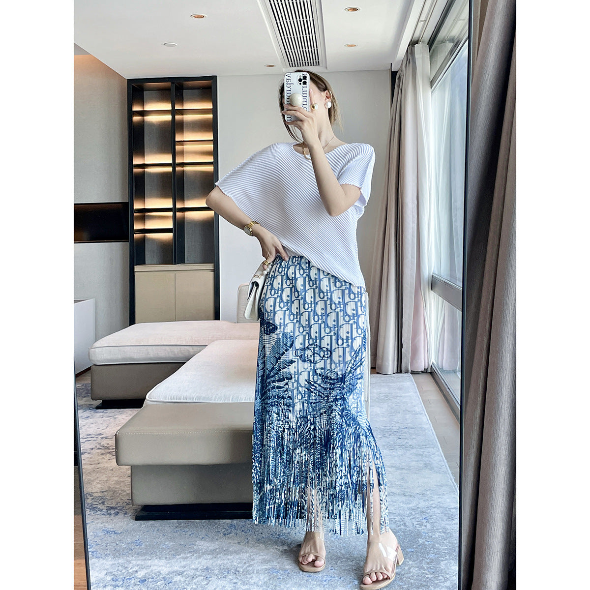 Women’s Summer Printed Pleated Skirt – Slimming Midi with Fringe