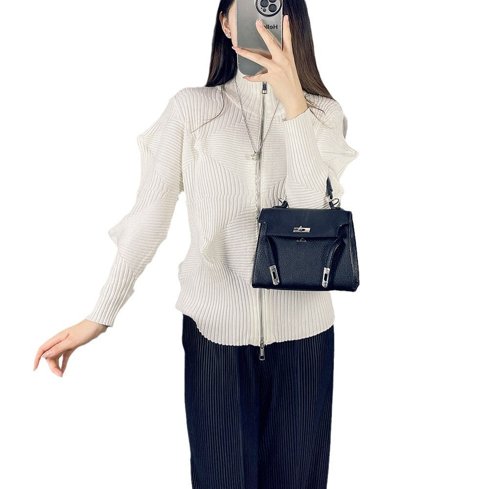 2025 Fall Winter Pleated Sweater Jacket – Zipper Cardigan, Casual Chic Knit Top for Women