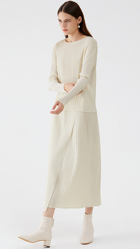 Pleated Skirt Suit – Korean Style Long Sleeve Top and Skirt Set