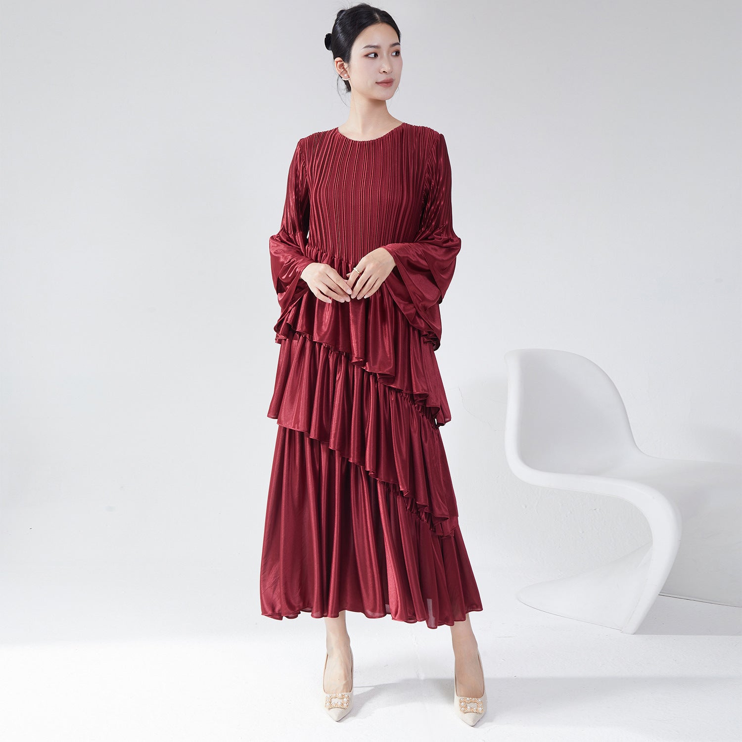 Pleats Please Flared Sleeve Cake Dress – Elegant Layered Pleated Midi for Spring & Summer