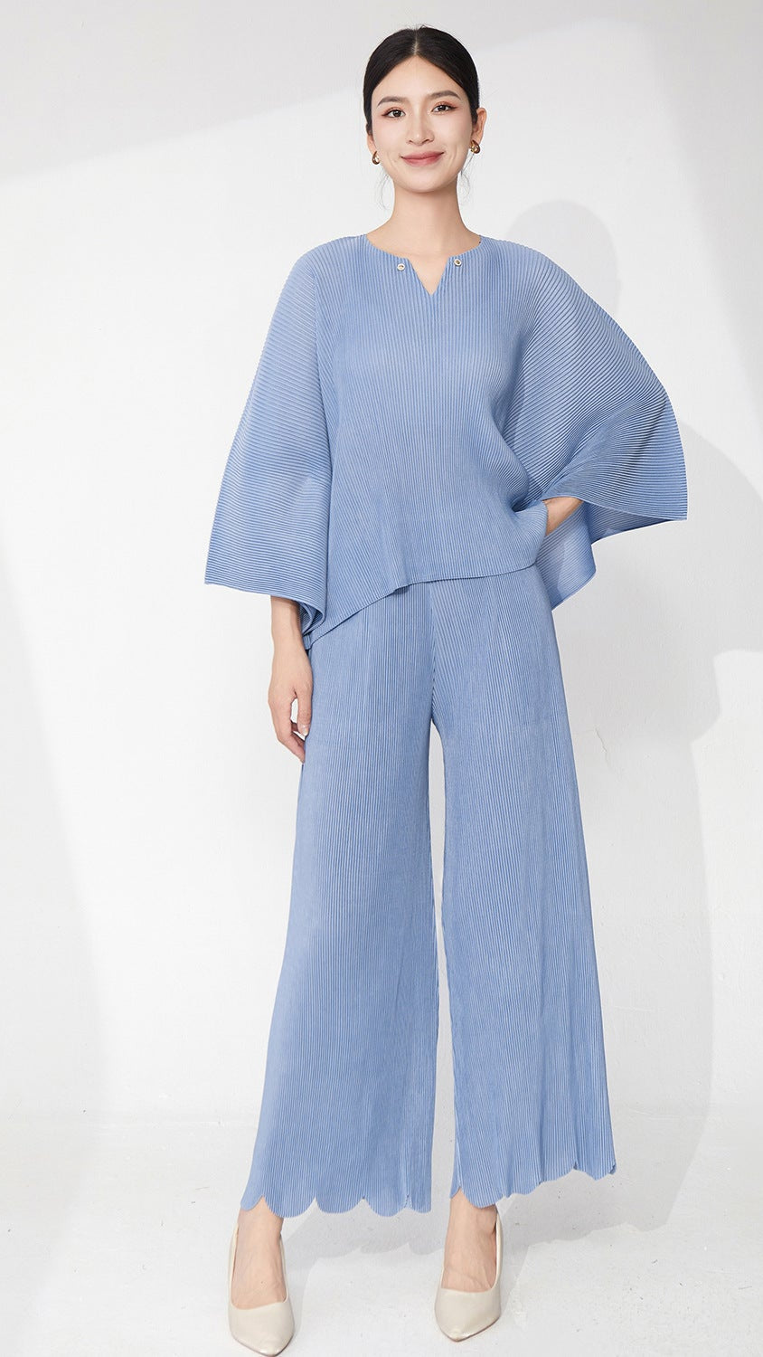 Pleats Please Plus-Size Summer Two-Piece Set – Irregular Top & Straight Pants