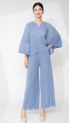 Pleats Please Plus-Size Summer Two-Piece Set – Irregular Top & Straight Pants