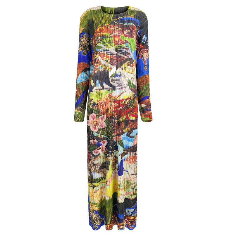 Pleated Jurassic Print Maxi Dress – Colorful Long Sleeve A-Line Style