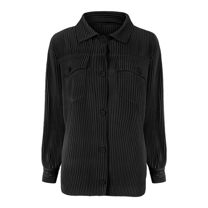 Pleats Please Solid Color Shirt – Slim Fit Pleated Long-Sleeve Top