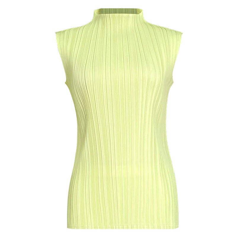 Pleats Summer Slim Sleeveless High-Neck Pleated Vest – Elegant Basic Top