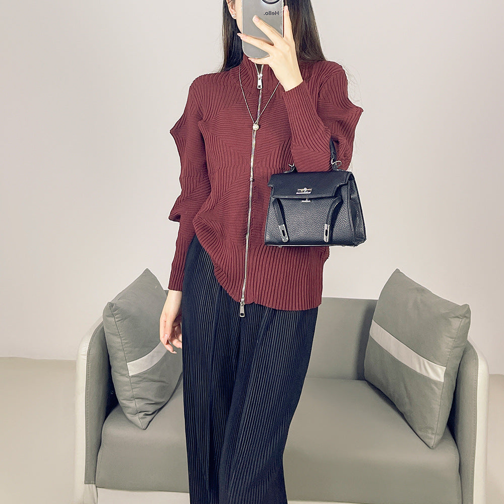 2025 Fall Winter Pleated Sweater Jacket – Zipper Cardigan, Casual Chic Knit Top for Women