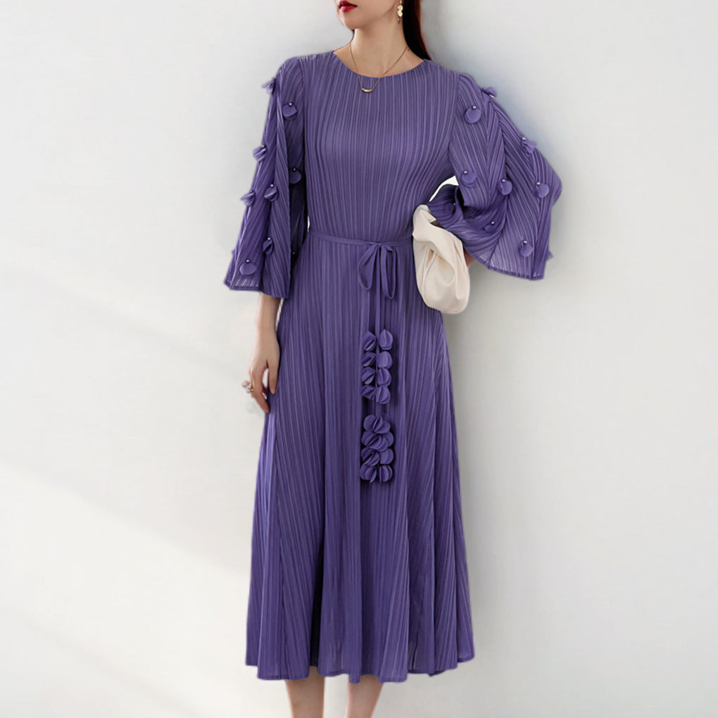 Pleats Please Lace-Up Mid-Length Dress – Plus-Size Friendly Pleated Slimming Style