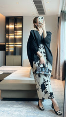 Pleated spring 2025 high-end French high-end print fashion dress with elegant temperament and loose flesh covering long skirt