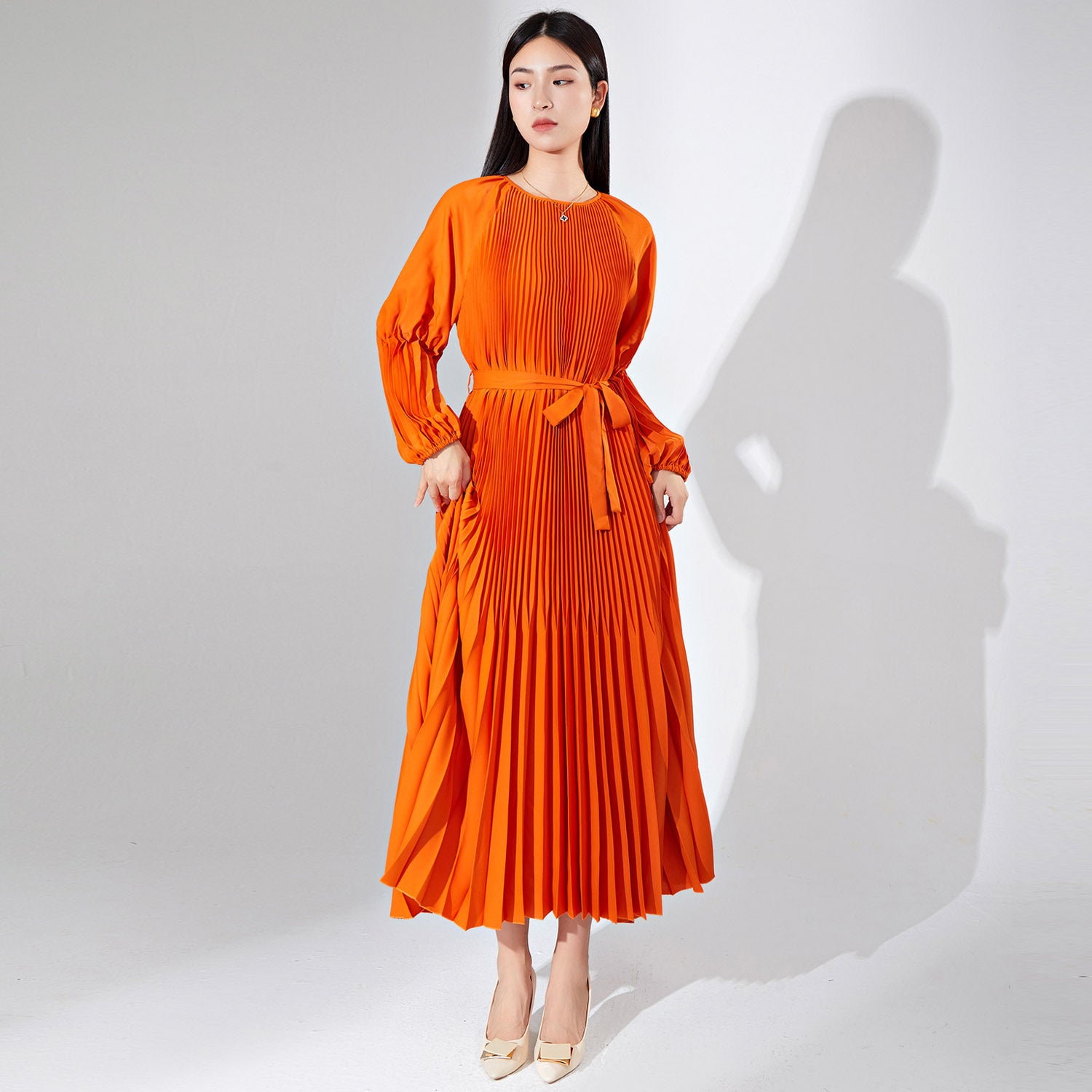 Pleats Please Solid Color Maxi Dress – Lace-Up Waist Elegant Pleated Long Dress