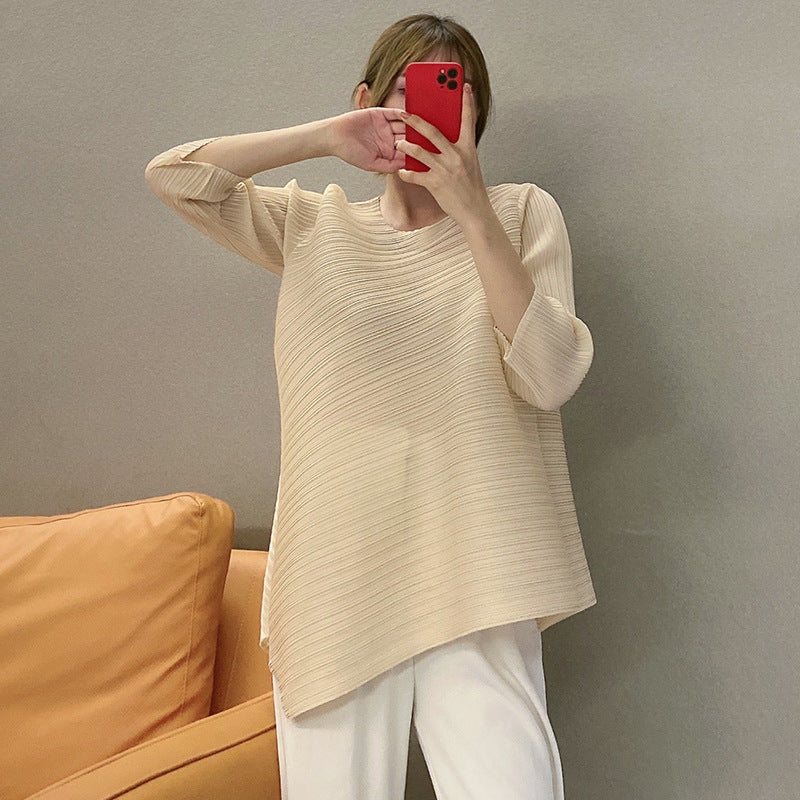 Pleats Please Irregular Pleated Top – Loose 3/4 Sleeve Crew Neck T-Shirt