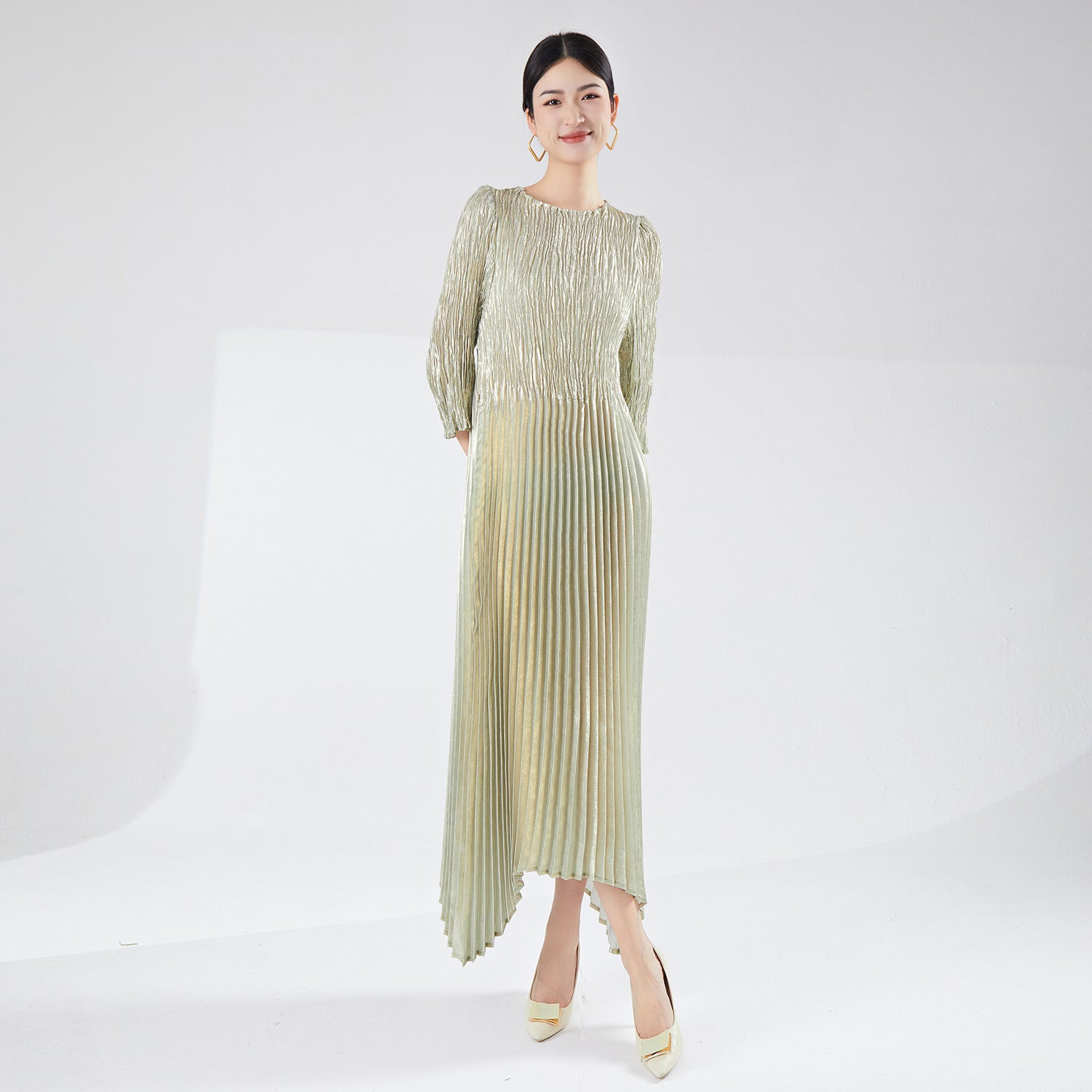 Pleats Please Irregular Bronzing Maxi Dress – Elegant Lace-Up Pleated Long Dress