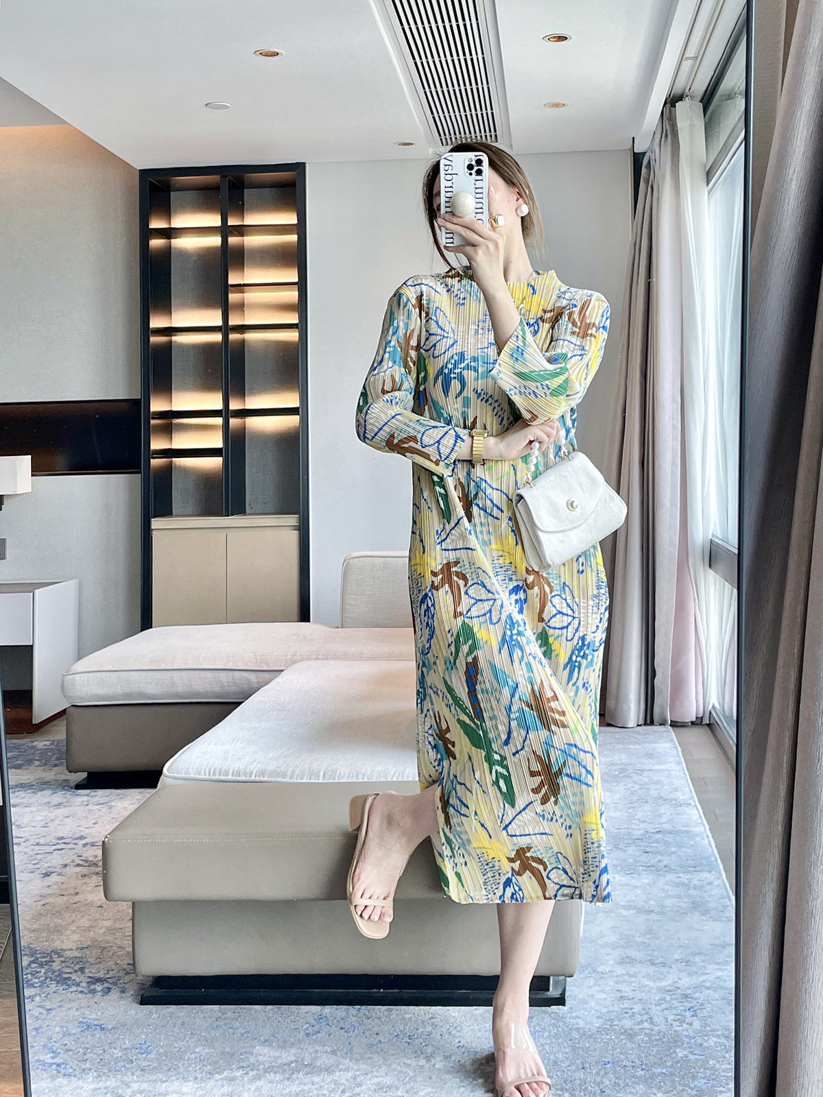 2025 Fall Winter Pleated Jungle Print Dress – Elegant Slim Fit Midi Style for Women