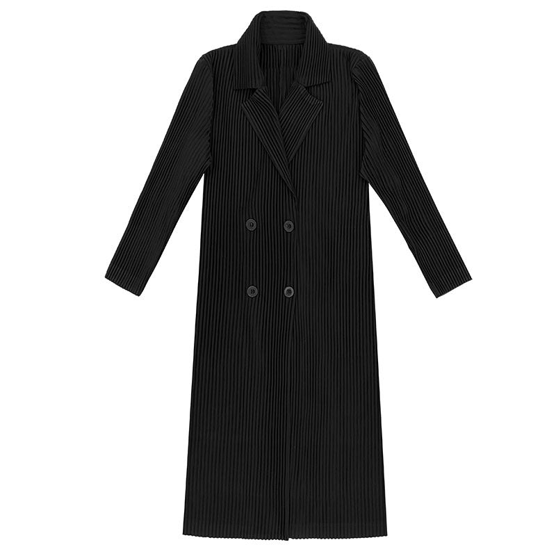 Pleated Double-Breasted Coat – Slim Suit Collar Long Sleeve Outerwear