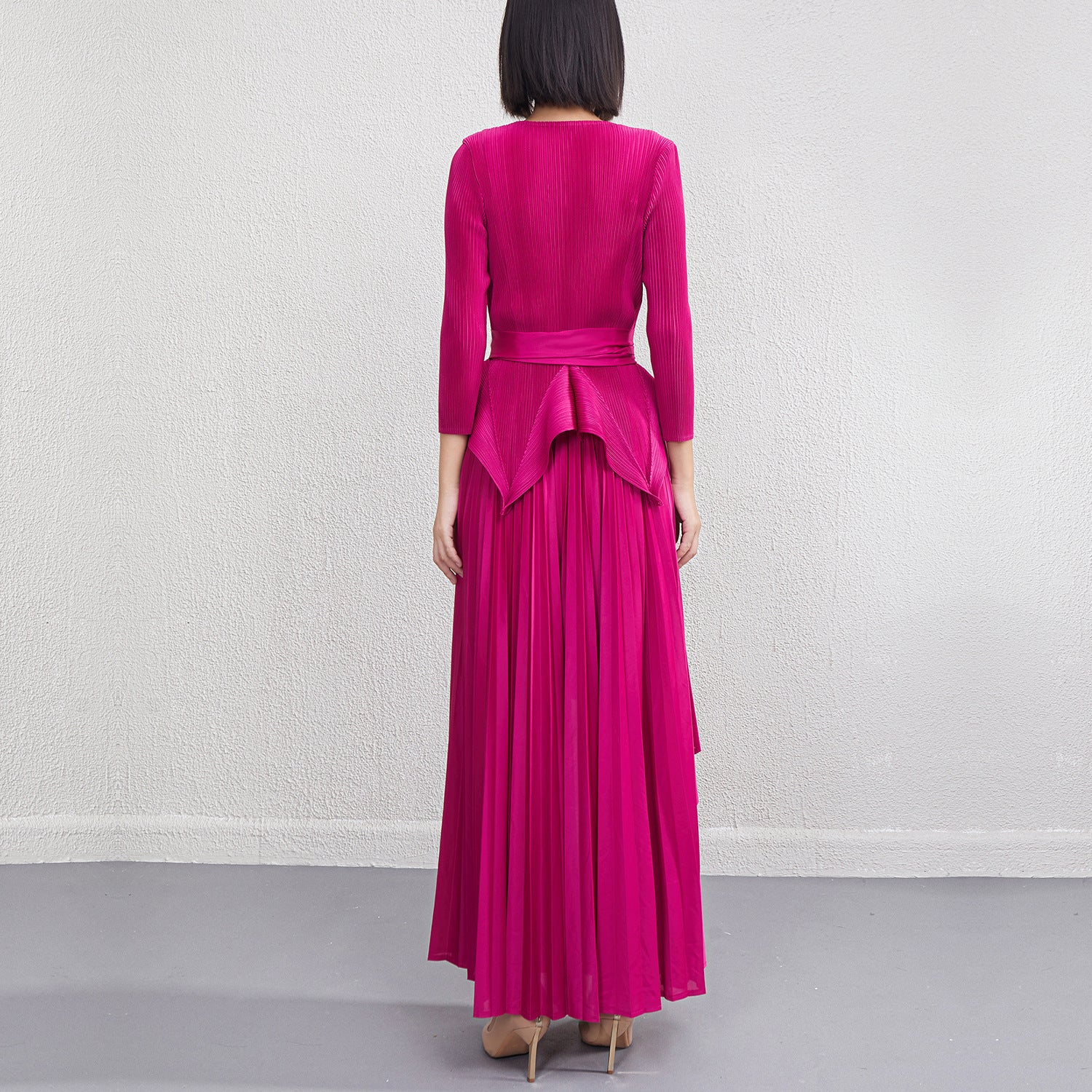 Pleats Please Two-Piece Set – Lace-Up Pleated Top & Irregular Swing Skirt