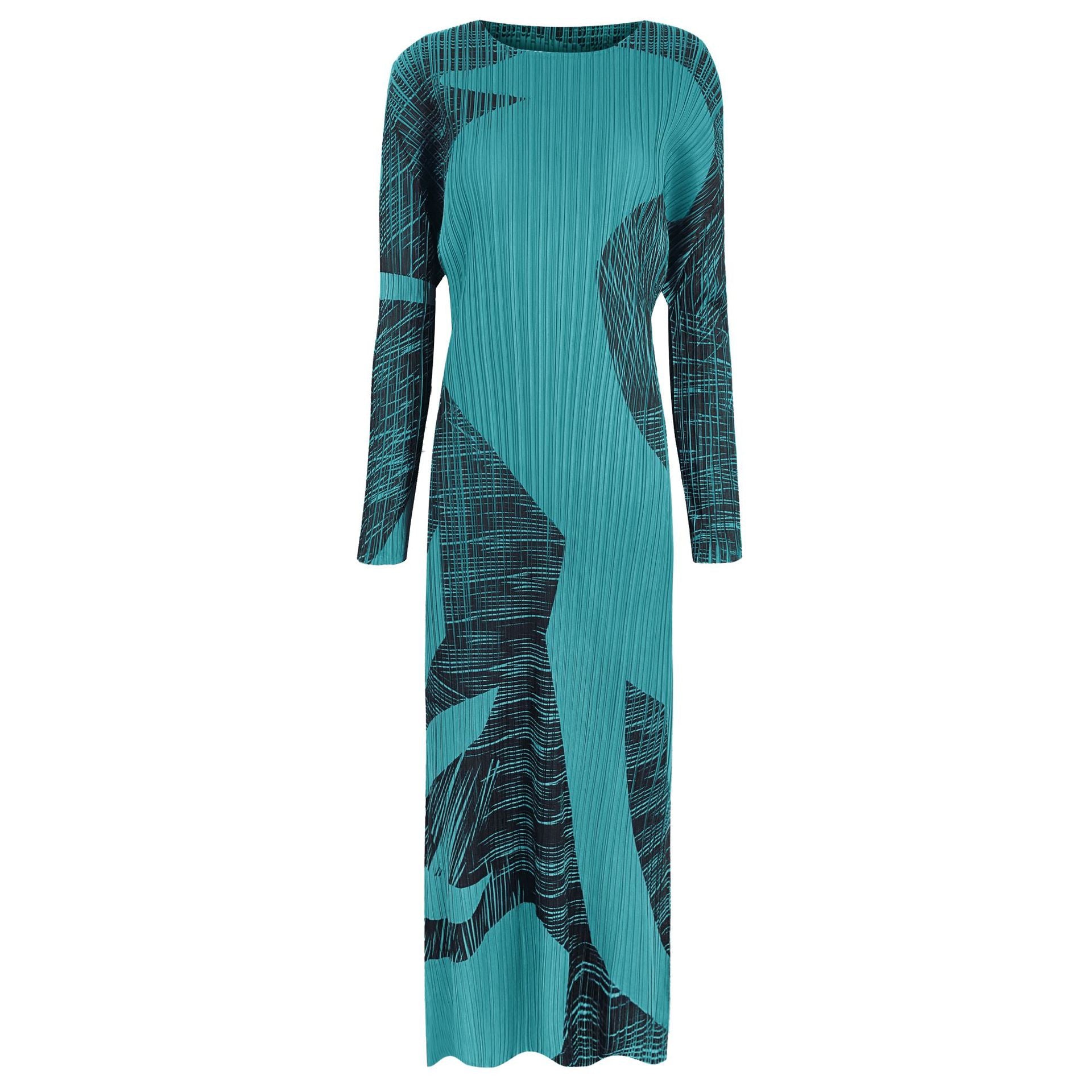 Pleated Gentle Print A-Line Dress – Slim Long Sleeve Elegant Style