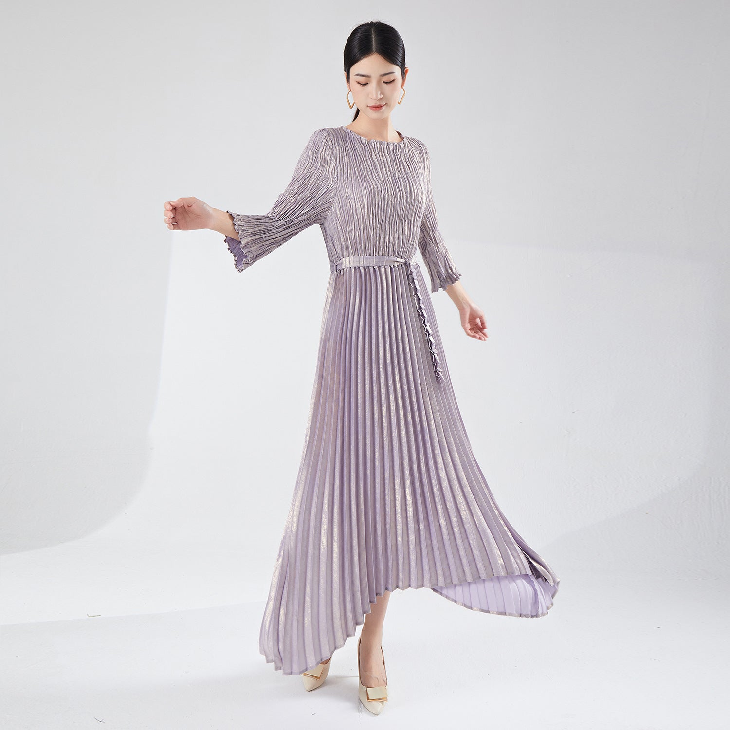 Pleats Please Irregular Bronzing Maxi Dress – Elegant Lace-Up Pleated Long Dress