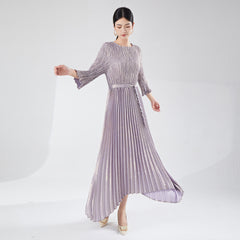 Pleats Please Irregular Bronzing Maxi Dress – Elegant Lace-Up Pleated Long Dress