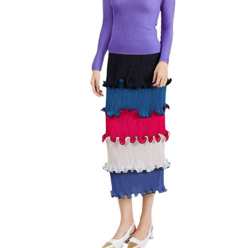 Pleats Please Colorful Striped Maxi Dress – Layered Pleated Long Style